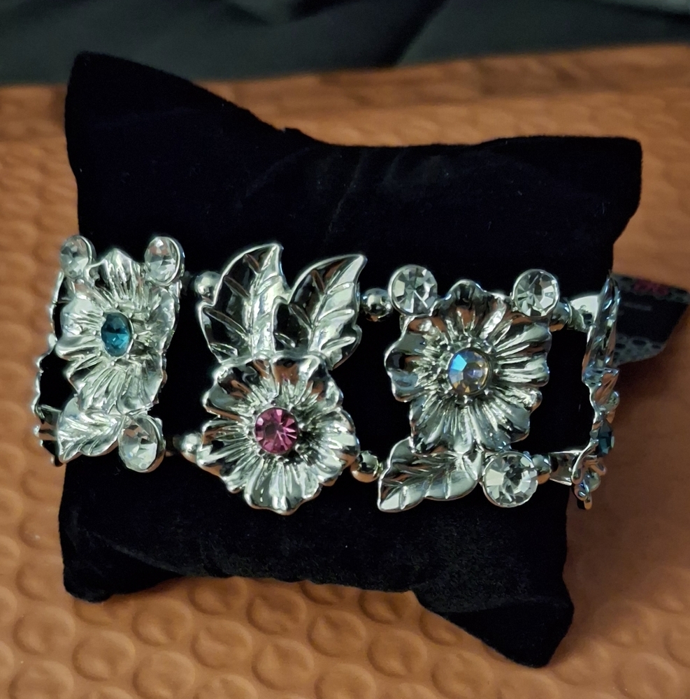 Floral Silver Bracelet with Pink and Blue Accents